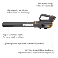 Worx WG547E Turbine 20V 2.0Ah Cordless Garden Blower -Gardening Tool Store 13326414 7854900642900455
