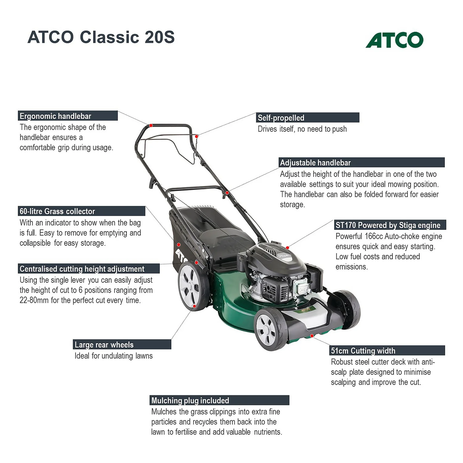 Atco 166cc Classic 20S Petrol Lawn Mower- 51cm 3 Atco 166cc Classic 20S Petrol Lawn Mower- 51cm - Image 3