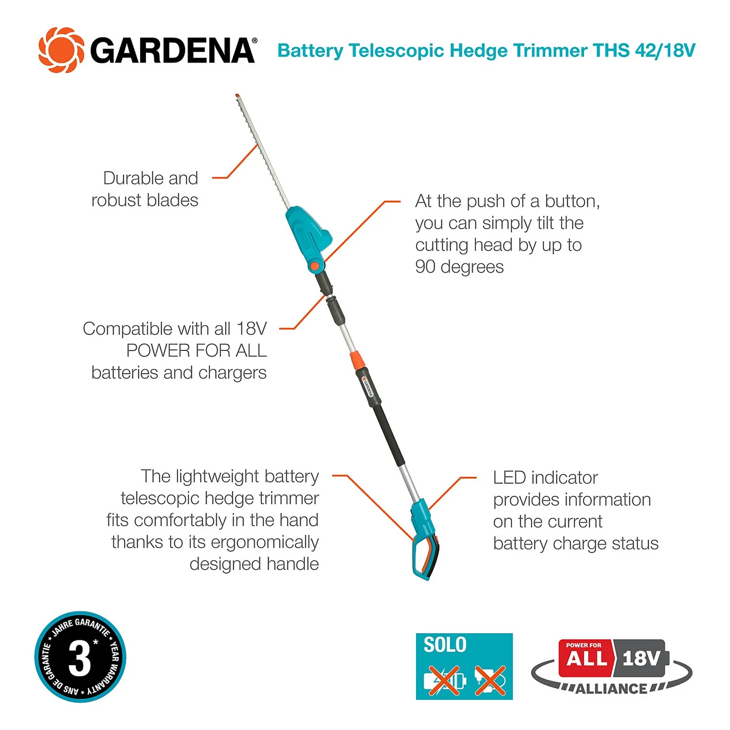 GARDENA Telescopic Cordless 18V Hedge Trimmer 3 GARDENA Telescopic Cordless 18V Hedge Trimmer - Image 3